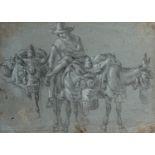 École flamande vers 1700 Étude d’un paysan à dos d’âne Crayon noir et rehauts de craie blanche sur