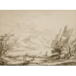 Claude-Louis CHATELET (Paris 1753-1794) Vue d’un lac Lavis sépia Annoté au verso "vente du Comte