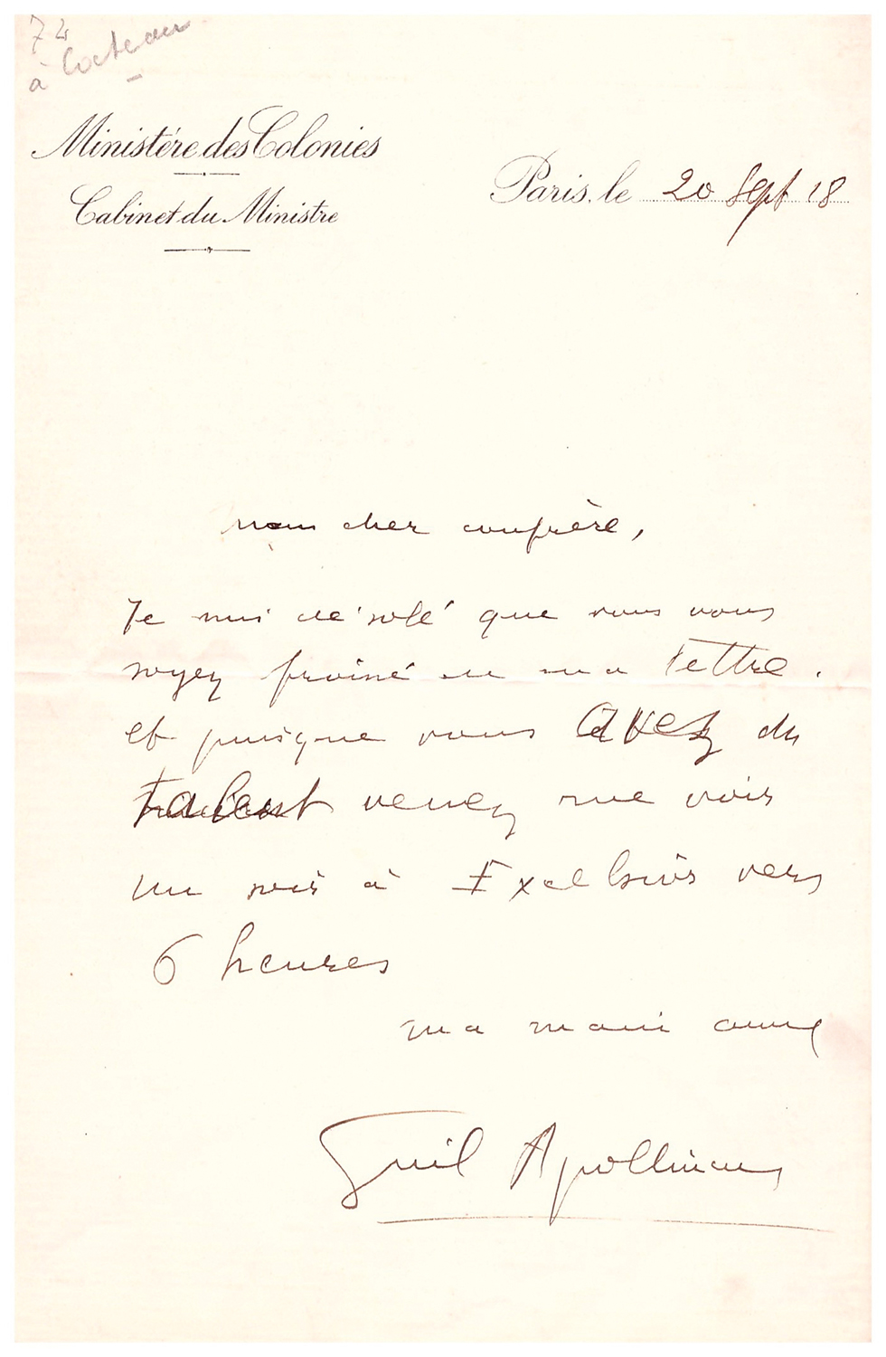Guillaume APOLLINAIRE. 1880-1918. Écrivain poète. L.A.S. à son cher confrère. Paris, 20?septembre