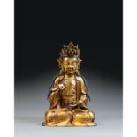 GRANDE STATUETTE D'AVALOKITESVARA DE STYLE MINGen bronze doré et rehauts de polychromie, représenté