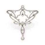 An Art Nouveau diamond and platinum brooch, with chain.