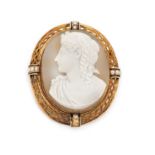 A sardonyx cameo, pearl and gold brooch, circa 1850.