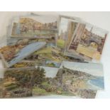 A quantity of cards by A R Quinton includes Swanage, Lyme Regis, Corfe Castle, Fowey, Norwich and