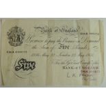 A Bank of England white £5 note C95A signed O'Brien dated May 1956 ++creased but no loss