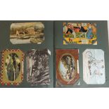 An album of approx 96 assorted early 20th Century postcards including comic; photo topo; military;