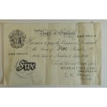 A Bank of England white £5 note signed O'Brien dated July 1956 ++creased but no loss