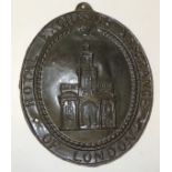 A 19th Century oval embossed copper fire mark "Royal Exchange Assurance London" 20.5cms high