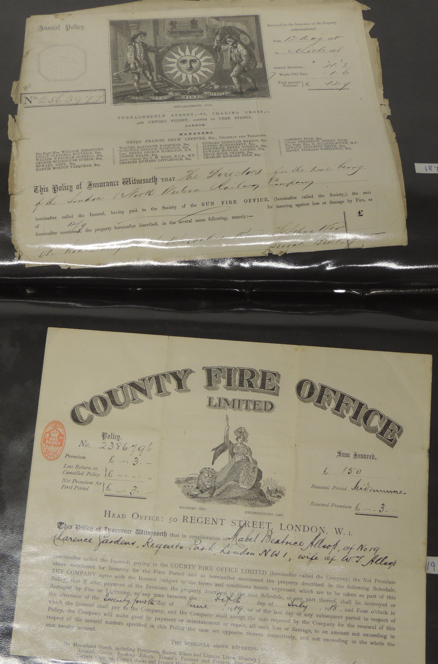 Nine late 19th Century original Fire insurance policies includes Sun Insurance, Liverpool &