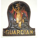 An early 19th Century embossed tin fire mark "Guardian" with gilt and red painted detail, 23.5cms