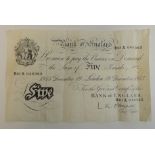 A Bank of England white £5 note B61A signed O'Brien dated December 1955 ++very small nick top