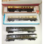 Hornby Dublo - tinplate coach; two constructed plastic coaches, green and an Airfix GWR Class B