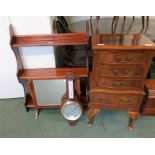 A three tier mahogany effect, hanging bookshelf, a small narrow chest of four drawers on cabriole