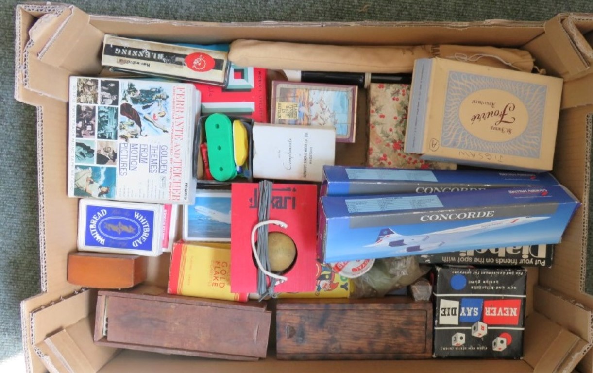 Boxed playing cards; Concorde souvenir models in boxes; boxed draughts and other items