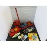 Tinplate toys - a Jones crane; push and go US Police car, two lorries and other toys etc