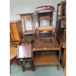 A Victorian stained pine kitchen table, a walnut coal purdoneum, an oak nest of three tables with