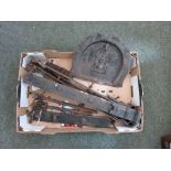 Large cast metal strap hinges, cast iron chimney plate and similar