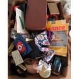 A box of assorted items including dressing table pots, sunglasses, scent bottles and similar items