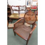 A walnut Bergere armchair on tapering legs with spade feet, two William IV mahogany dining chairs
