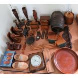 A small sherry barrel; wood ducks head bookends, candlesticks, assorted wood items, barometer etc