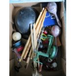 Assorted fishing reels; drumsticks; golf balls etc