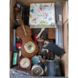 A quantity of assorted items including torches, alarm clocks, turned wood door handles etc