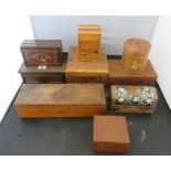 A group of assorted wood boxes some with carved decorative, novelty cigarette dispenser etc