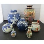 A Chinese blue and white ginger jar and cover; small snuff bottle; Japanese vase and other similar