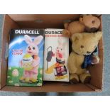 Two boxed Duracell toy rabbits; teddy bear and battery operated toy dog