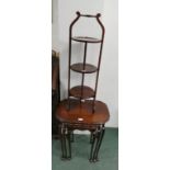 A walnut nest of three tables, on slender cabriole legs, a folding mahogany three tier cake stand (