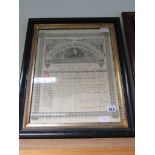 A framed Costa Rica Railway Co bond certificate