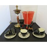 A c.1950's wire cat letter rack; metal table lamp, Springtime cups and saucers etc