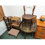 A geometric inlaid octagonal plant stand, an oak folding cake stand, a piano stool, two small