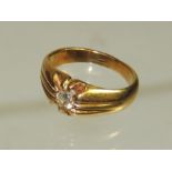 A Gents heavy gold, solitaire diamond set ring. Unmarked, tests as 18ct. Ring size O+. Total