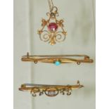 A 9ct gold bar brooch set with a Cabochon turquoise, a 9ct gold bar brooch set with an amethyst