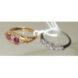 An 18ct white gold, graduated five stone diamond ring, size N+ and an 18ct gold Victorian style ring