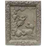 A 19th Century carved oak panel depicting a Biblical scene, with carved "W C Vincent 1836" to the