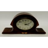 An Edwardian mantel timepiece in inlaid mahogany case having silvered metal dial with black Arabic