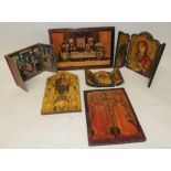 An Italian marquetry panel of The Last Supper 22.5cms x 34.5cms together with five small icons/