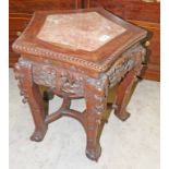CHINESE CARVED HARDWOOD PENTAGONAL POT STAND WITH MARBLE INSERT TO TOP