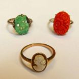 9CT WHITE GOLD RING, SET WITH FLORAL DECORATED CORAL PANEL GREEN HARDSTONE RING AND CAMEO RING