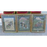 SET OF 3 GILT FRAMED INDIAN WATERCOLOURS OF CAMEL, HORSES AND ELEPHANT RIDERS 65 X 47CM