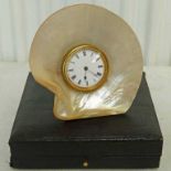 BOUDOIR CLOCK IN AN OYSTER SHELL, THE WORKS BY HALEY TEDDINGTON IN ORIGINAL FITTED CASE