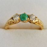 TURQUOISE AND DIAMOND 3-STONE RING, THE SETTING MARKED 18CT