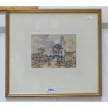 JAMES WATERSON HERALD FIGURES ON A ROADWAY BEDSIDE CHURCH SIGNED FRAMED WATERCOLOUR 13 X 17.5CM