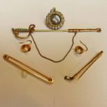 VICTORIAN GEM SET MOURNING BROOCH, 15CT GOLD AND PLATINUM BAR BROOCH SET WITH CULTURED PEARL, 9CT