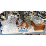 ART NOUVEAU STYLE MAHOGANY MANTLE CLOCK, VARIOUS GLASSWARE ITEMS, HARDWOOD SEWING BOX, CUTLERY ETC