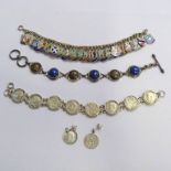 DECORATIVE SILVER BRACELET SET WITH LAPIS LAZULI MARKED 925, SILVER COIN BRACELET SET WITH THREE