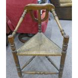 19TH CENTURY ASH TURNER'S CHAIR WITH TURNED SUPPORTS & RUSHWORK SEAT