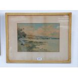 T. BUNTING CATTLE BESIDE LOCH SIGNED GILT FRAMED WATERCOLOUR 25 X 36CM