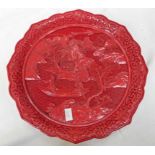 CINNABAR LACQUER TRAY WITH ORIENTAL BOAT SCENE - 24CM IN DIAMETER